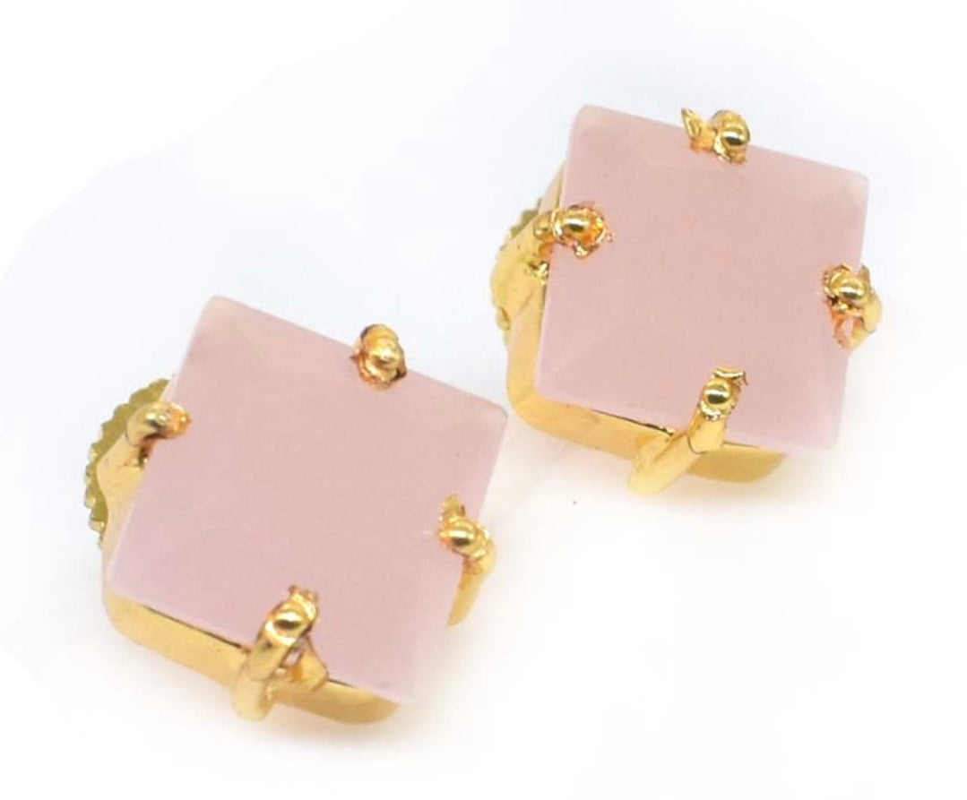 Diamond-Shaped Rose Quartz Gemstone Stud Earrings 1"