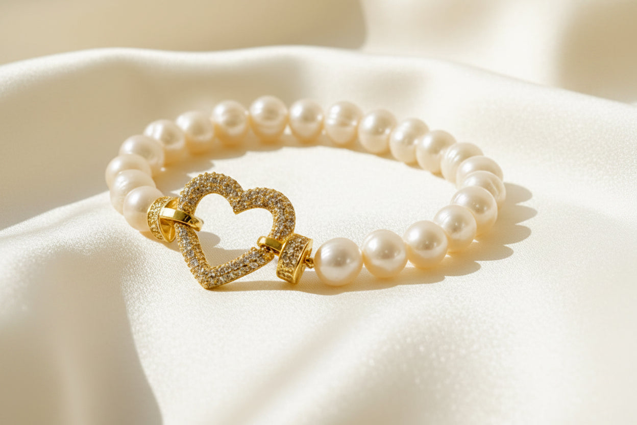 Capri Pearl & Pavé Heart Bracelet | Freshwater Pearls & Gold Vermeil