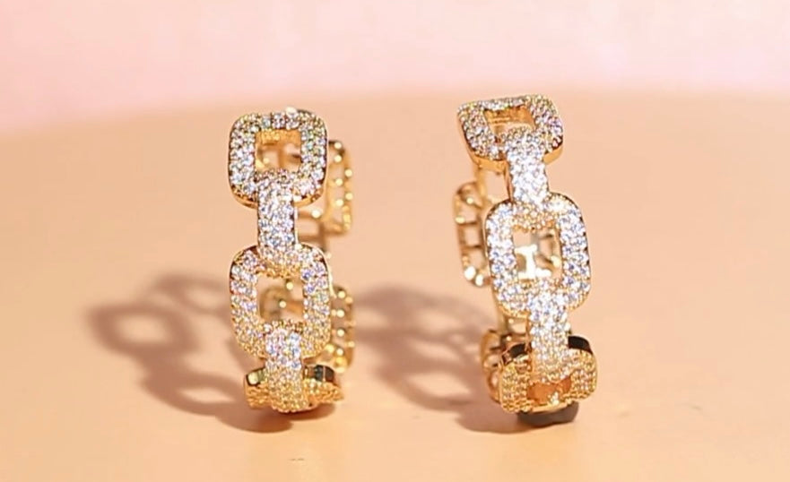 Gold Cz Cuban Chain Link Hoop Earrings 1”