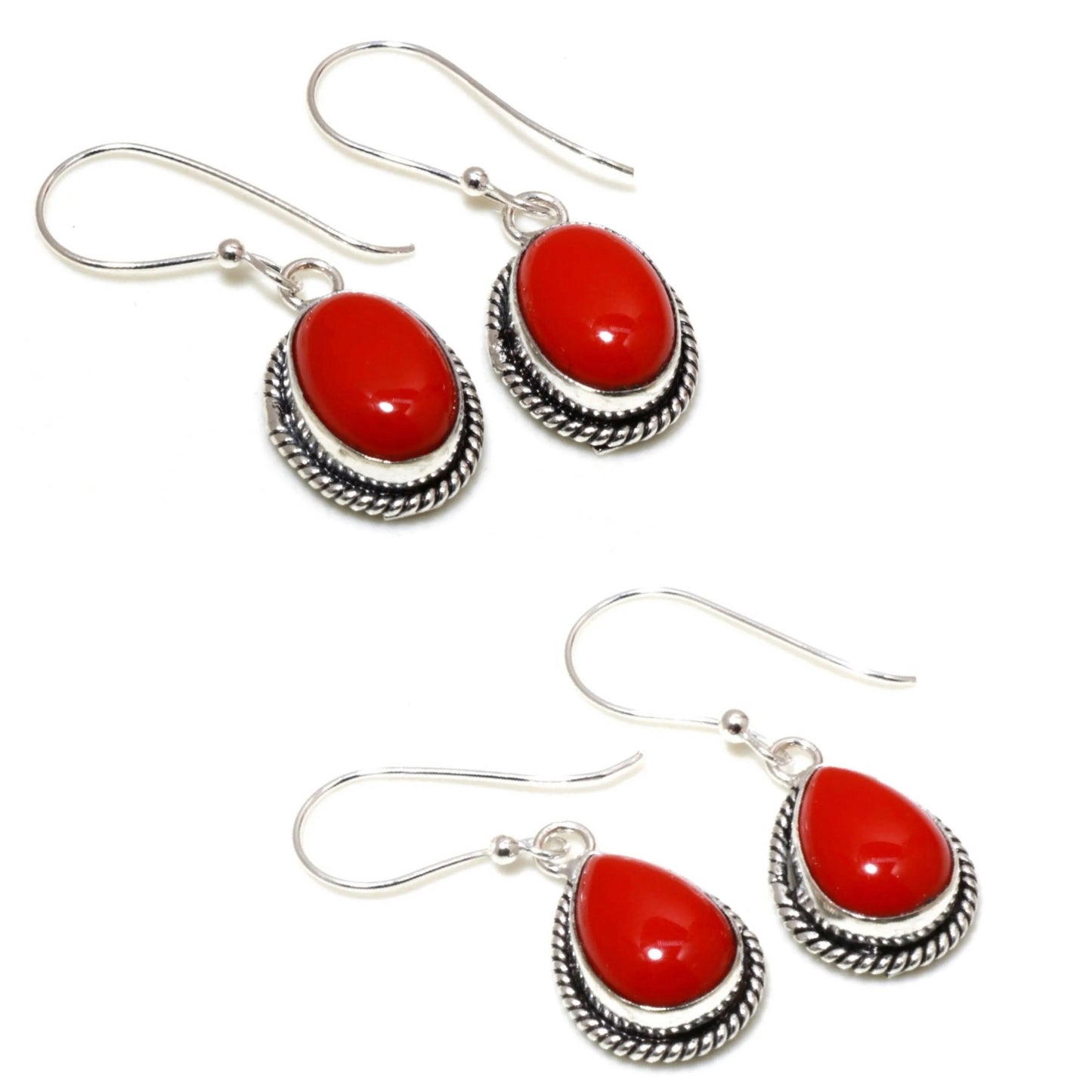 Red Coral Sterling Silver Dangle Earrings - Oval & Teardrop Gemstones