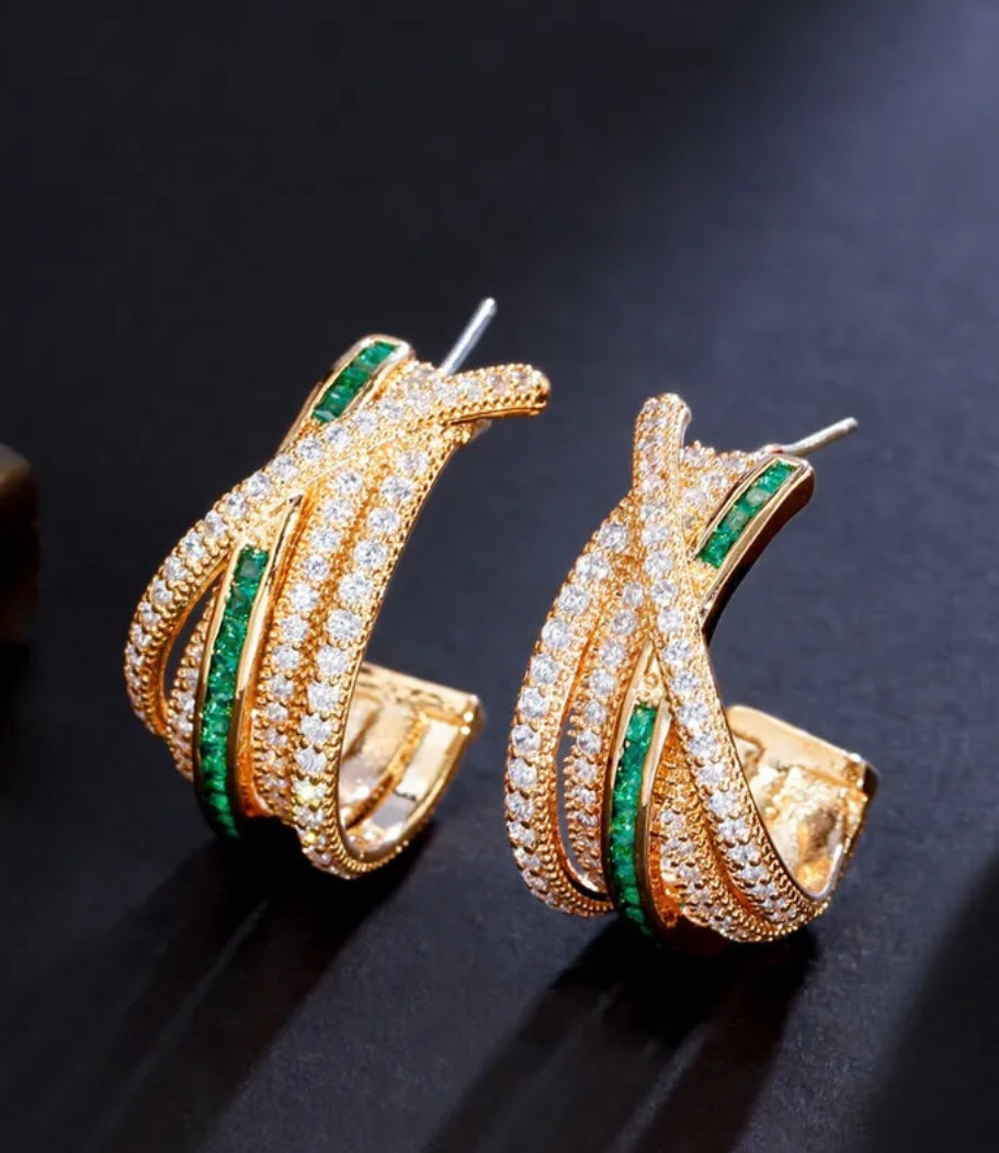 Gold Hoops Green & White Pave Earrings