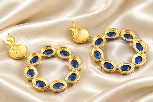 Blue Chalcedony Gemstone Gold Twisted Statement Earrings 2”