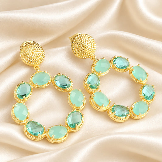 Aqua Chalcedony Gemstone Gold Twisted Statement Earrings 2”