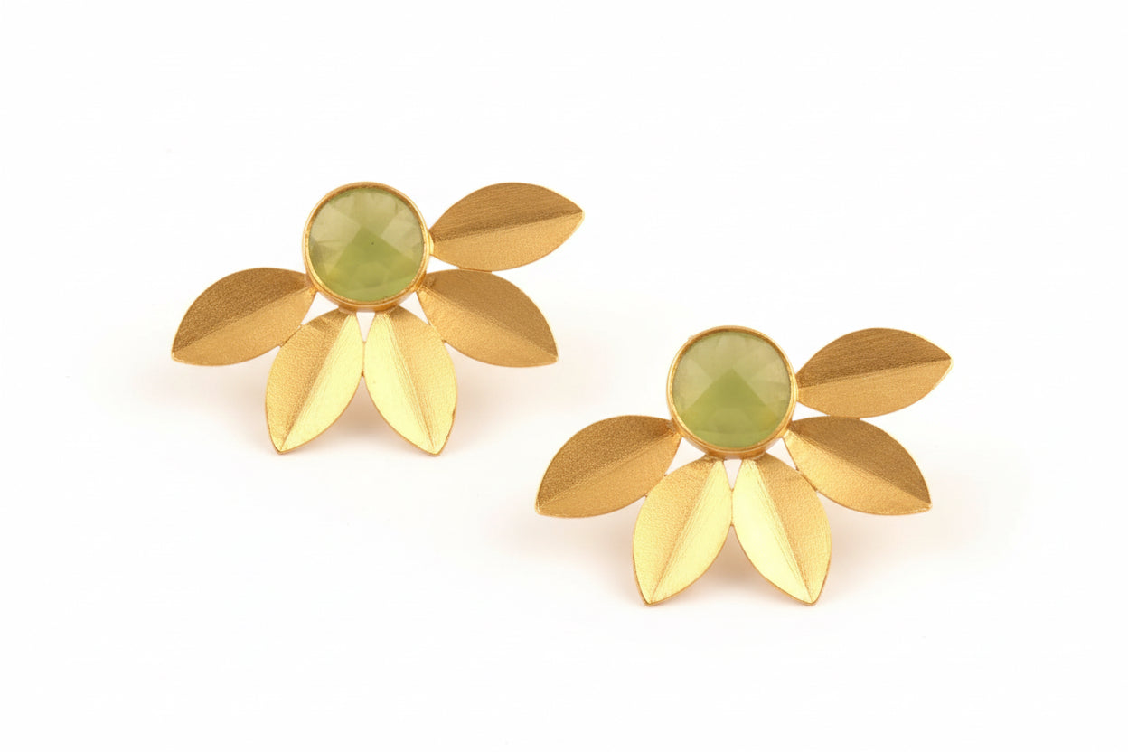 Leaf Design 18k Brushed Gold Vermeil Chalcedony Gemstone Studs 1.5”
