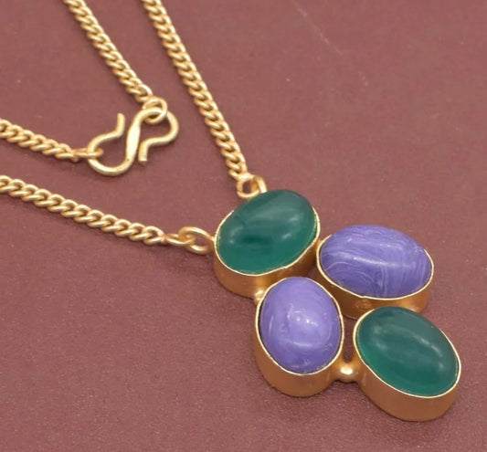 Green Onyx & Purple Charoite Pendant - Chain Necklace 18