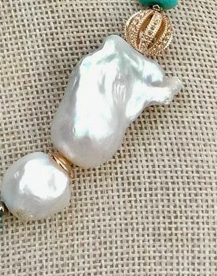 Turquoise and Keshi Pearl Statement Necklace - Gold Vermeil Coastal Luxury Necklace