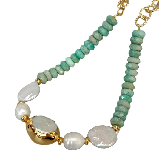 Green Peruvian Amazonite & Keshi Pearl Statement Necklace 20